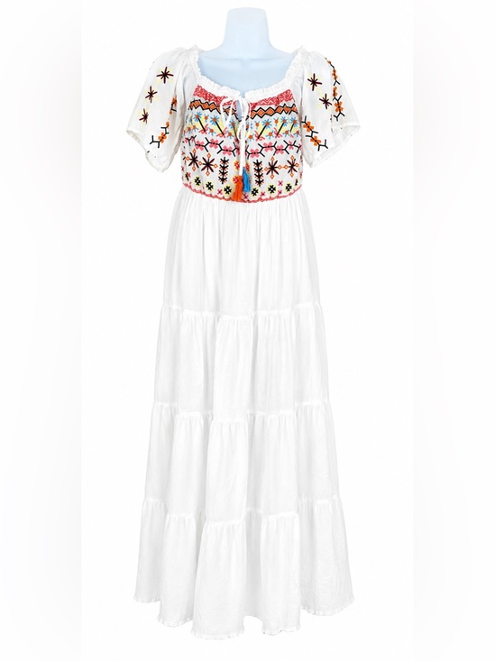 Lulumari Dresses & Skirts - Lulumari White Maxi Dress with Multicolor Embroidered Bodice